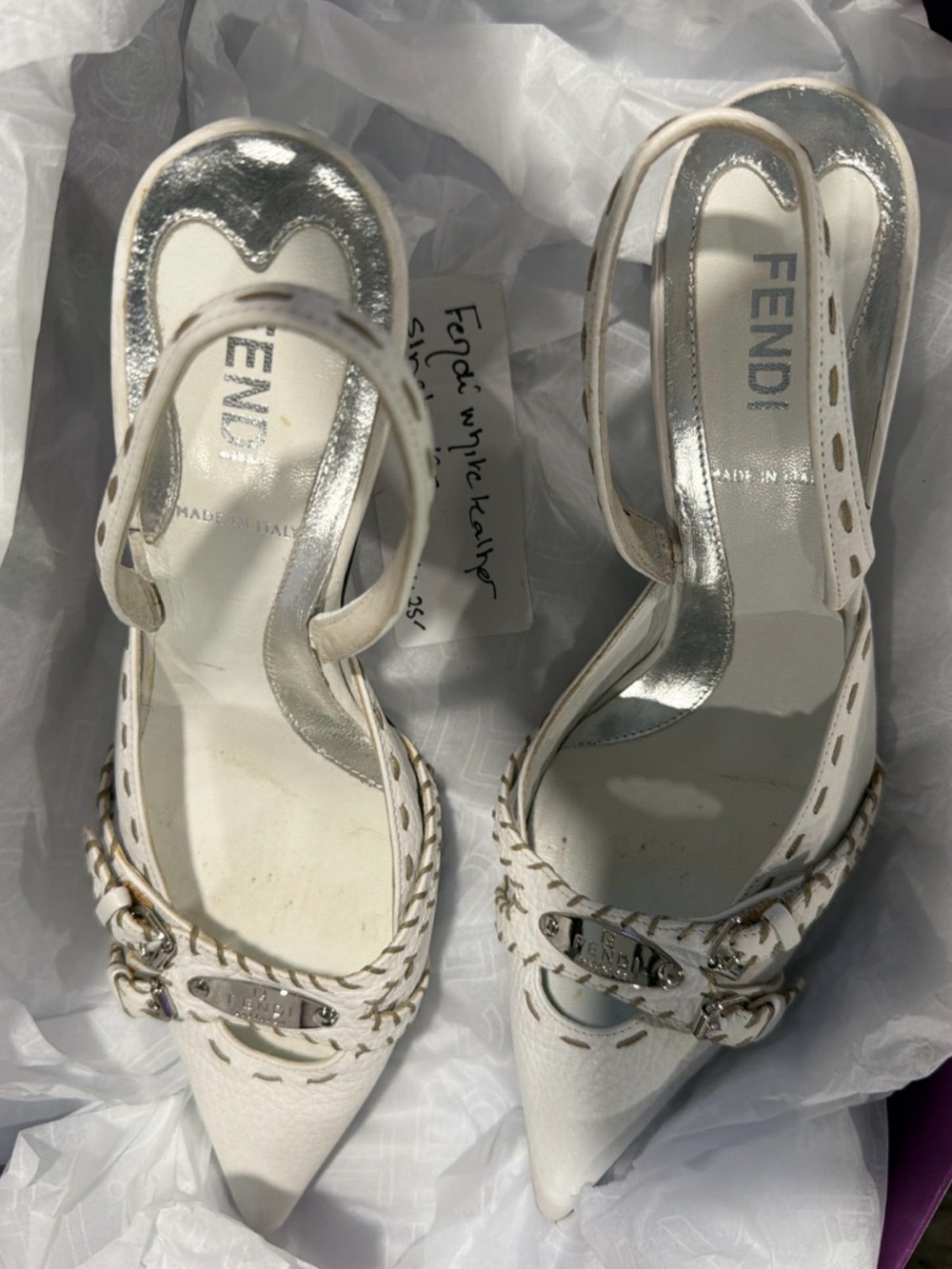 Fendi White Pointed-Toe Slingback Heels with Silver Accents